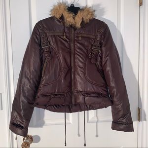 Good & Cool European stylish puffer jacket with faux fur collar brown waterproof
